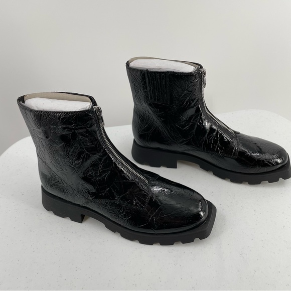 NIB Katy Perry The Daarling Combat Shiny Black Lug Sole Zip Up Boots Women’s 9M - Picture 3 of 9